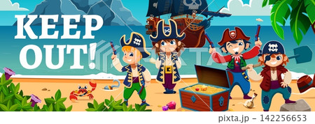 Cartoon kid pirate and corsair ship crew members on island sunny tropical island beach, guarding a chest of gold and jewel treasures with smiles and adventure vibes surrounded by sand and palm leaves Cartoon kid pirate and corsair ship crew members on island sunny tropical island beach, guarding a chest of gold and jewel treasures with smiles and adventure vibes surrounded by sand and palm leaves 142256653