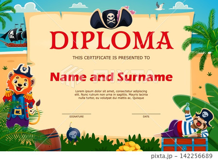 Kids diploma certificate with cartoon animal pirates at treasure island frame background. Cute lion and sloth pirate characters with corsair sail ship, treasure chest and kids diploma old paper scroll 142256689