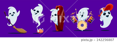 Cartoon cute kawaii ghost characters or Halloween spooky phantom and scary spirit personages. Kawaii ghosts with happy boo faces, funny ghost with witch broomstick, in coffin or play music in kid hat Cartoon cute kawaii ghost characters or Halloween spooky phantom and scary spirit personages. Kawaii ghosts with happy boo faces, funny ghost with witch broomstick, in coffin or play music in kid hat 142256807