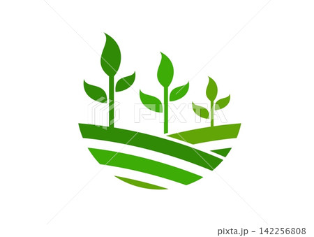 Farmland green plant, agriculture farm icon, rural farming field. Three young green plant sprouts growing on linear farm field hills. Minimalist agriculture farm icon for eco friendly food production Farmland green plant, agriculture farm icon, rural farming field. Three young green plant sprouts growing on linear farm field hills. Minimalist agriculture farm icon for eco friendly food production 142256808