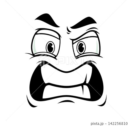Angry cartoon face showing grumpy emotion and fierce frustration expression with furrowed brow, wide eyes and clenched teeth. Comic character emoji of irritation and hostility emotive reaction Angry cartoon face showing grumpy emotion and fierce frustration expression with furrowed brow, wide eyes and clenched teeth. Comic character emoji of irritation and hostility emotive reaction 142256810