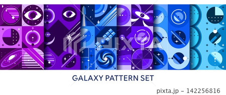 Universe galaxy space seamless patterns set with mosaic modern geometric background of star, planet, rocket abstract shapes. Satellite, moon and black hole in outer space seamless pattern background Universe galaxy space seamless patterns set with mosaic modern geometric background of star, planet, rocket abstract shapes. Satellite, moon and black hole in outer space seamless pattern background 142256816