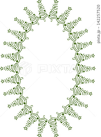 Colorful bright pine tree frame. Festive greeting template with Christmas tree elements. Design for greeting card, banner, social media 142257520
