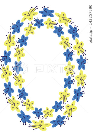 Frame with colorful flower elements. Wreath graphic template. Cute empty frame box 142257590