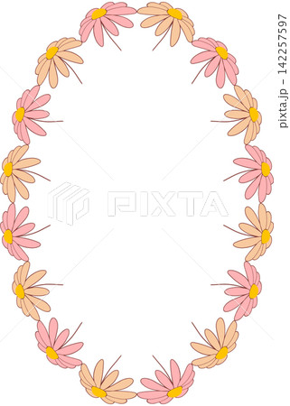 Frame with colorful flower elements. Wreath graphic template. Cute empty frame box 142257597