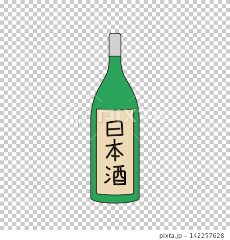 一瓶綠色的日本清酒,以及酒標的插圖。 一瓶綠色的日本清酒,以及酒標的插圖。 142257628