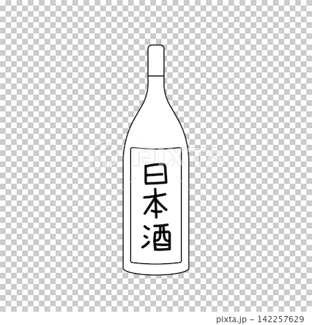 一幅單色插圖,描繪了一瓶清酒及其標籤。 一幅單色插圖,描繪了一瓶清酒及其標籤。 142257629