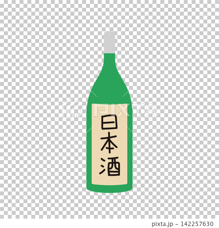 一瓶無邊綠色的清酒,以及酒標的插圖。 一瓶無邊綠色的清酒,以及酒標的插圖。 142257630
