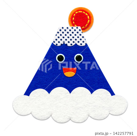 レトロポップ富士山 かわいいキャラクターと日の出のアップリケイラスト レトロポップ富士山 かわいいキャラクターと日の出のアップリケイラスト 142257791