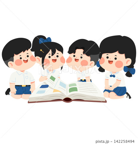 Young students reading together in school uniforms Young students reading together in school uniforms 142258494