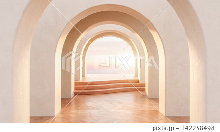 Successive beige plaster archways leading toward wooden steps overlooking calm ocean horizon during soft sunset representing peaceful minimalist architectural design interior exterior space Successive beige plaster archways leading toward wooden steps overlooking calm ocean horizon during soft sunset representing peaceful minimalist architectural design interior exterior space 142258498