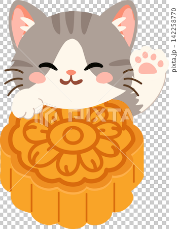Cute gray tabby cat waves behind a traditional mooncake during Mid Autumn Festival, Cute gray tabby cat waves behind a traditional mooncake during Mid Autumn Festival, 142258770
