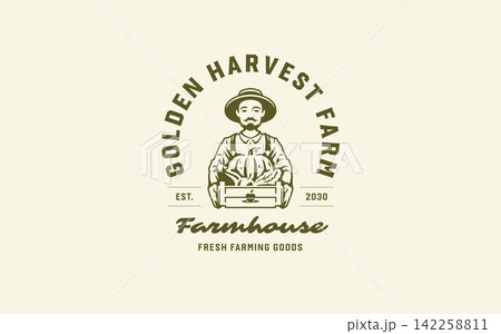 Vintage Farmer Emblem Vector Logo For Organic Agriculture Farmhouse Fresh Local Produce Market Vintage Farmer Emblem Vector Logo For Organic Agriculture Farmhouse Fresh Local Produce Market 142258811
