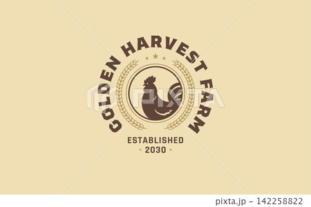 Vintage Rooster Farm Logo Vector Retro Chicken Poultry Emblem Badge For Organic Food Branding 142258822