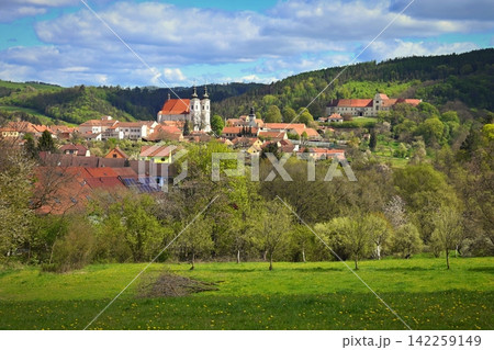 Panoramic view of Lomnice town with Church of the Visitation of the Virgin Mary and castle surrounded by green hills, Czech Republic. 142259149