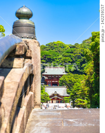 夏の鎌倉 鶴岡八幡宮 太鼓橋越しの舞殿と本宮 夏の鎌倉 鶴岡八幡宮 太鼓橋越しの舞殿と本宮 142259157