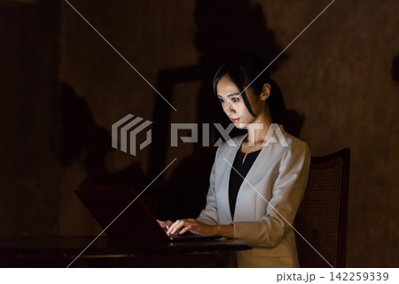 暗い部屋でパソコンを使う女性。PC、ダーク、犯罪、防犯、セキュリティ、リスク、ハッカー、暗闇、ネット 暗い部屋でパソコンを使う女性。PC、ダーク、犯罪、防犯、セキュリティ、リスク、ハッカー、暗闇、ネット 142259339