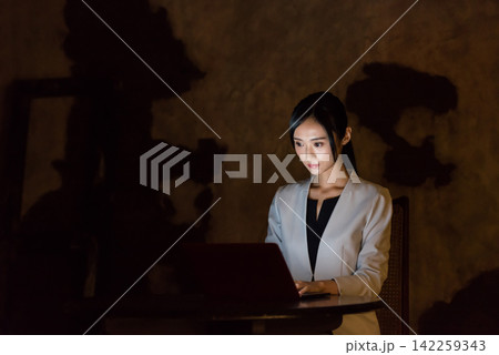 暗い部屋でパソコンを使う女性。PC、ダーク、犯罪、防犯、セキュリティ、リスク、ハッカー、暗闇、ネット 暗い部屋でパソコンを使う女性。PC、ダーク、犯罪、防犯、セキュリティ、リスク、ハッカー、暗闇、ネット 142259343