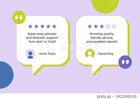 Testimonial review template with rating stars customer quotes feedback cards and speech bubbles Testimonial review template with rating stars customer quotes feedback cards and speech bubbles 142260010
