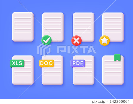 Files 3D Big Set. Document file icons. Doc, Pdf, Xls. 3D Web Vector Illustrations. 142260064
