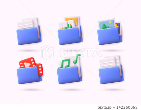 Set of 3d documents folders for management multimedia file: video, graphics, music, images. 3D Vector Illustrations. 142260065