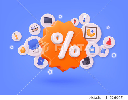 Label with percent, check mark and discount. App icon. 3D Web Vector Illustrations. Label with percent, check mark and discount. App icon. 3D Web Vector Illustrations. 142260074