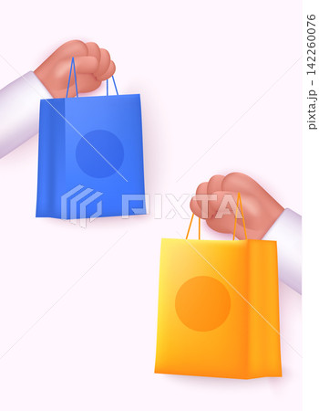 Shopping bags in hands. Suitable for sale promotion and shopping discount theme. 3D Web Vector Illustrations. Shopping bags in hands. Suitable for sale promotion and shopping discount theme. 3D Web Vector Illustrations. 142260076