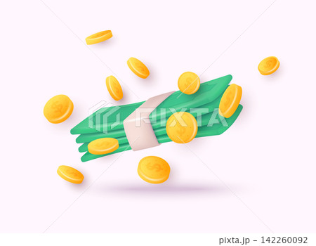 Cartoon green dollars and falling coins. Business and finance concept. 3d rendering vector illustration. 142260092