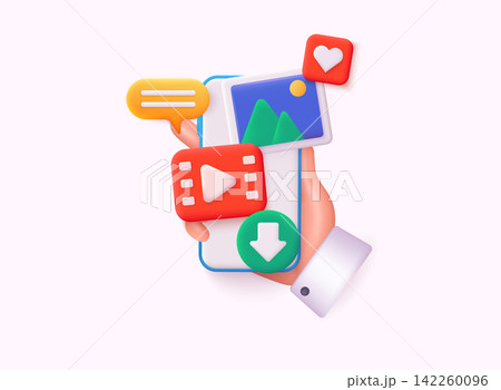Social media platform, online social communication concept. Social network post surrounded with floating elements on blue background. 3d web Vector illustration. Social media platform, online social communication concept. Social network post surrounded with floating elements on blue background. 3d web Vector illustration. 142260096