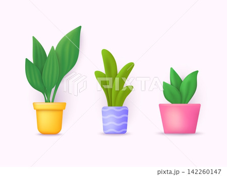 Plant shoot, potted houseplant. Set realistic modern minimal design elements. 3D Web Vector Illustrations. 142260147