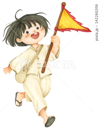 Vegetarian Festival watercolor character set, Chinese Thailand jay festival, cute Asian kids in traditional white clothes, Buddhist culture celebration. Vegetarian Festival watercolor character set, Chinese Thailand jay festival, cute Asian kids in traditional white clothes, Buddhist culture celebration. 142260209