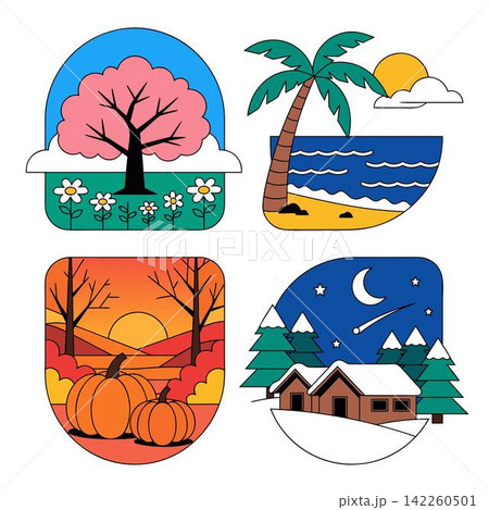 The illustration shows a set of four stylized vector icons symbolizing the four seasons, rendered in bright, contrasting colors The illustration shows a set of four stylized vector icons symbolizing the four seasons, rendered in bright, contrasting colors 142260501