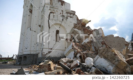 View to destroyed church at Kharkivska oblast. Ruined building after bomb attacks on ukrainian territory from russia army. Consequences of russian invasion of Ukraine. Slow motion View to destroyed church at Kharkivska oblast. Ruined building after bomb attacks on ukrainian territory from russia army. Consequences of russian invasion of Ukraine. Slow motion 142260725