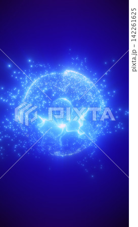 Blue glowing particle globe with abstract data waves, cosmic depth, and futuristic digital network energy. Blue glowing particle globe with abstract data waves, cosmic depth, and futuristic digital network energy. 142261625
