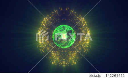 Glowing green energy sphere surrounded by golden particles and radiant light beams on a dark blue background Glowing green energy sphere surrounded by golden particles and radiant light beams on a dark blue background 142261631