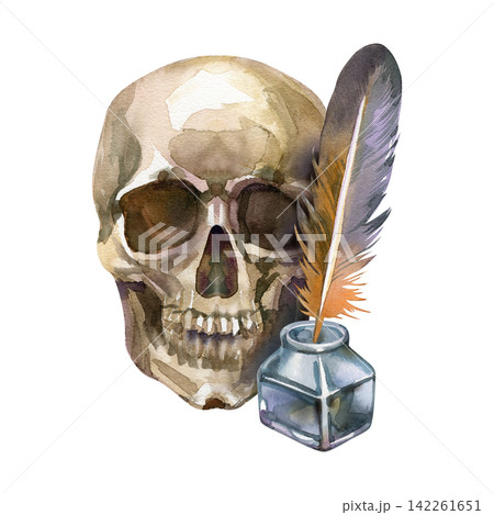 Watercolor human skull with a feather quill in glass inkwell spooky vintage illustration Watercolor human skull with a feather quill in glass inkwell spooky vintage illustration 142261651