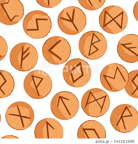 Elder Futhark Viking Rune Cookies Seamless Pattern. Festive pastry with carved runic symbols, divination cookies background. Vector illustration 142261696