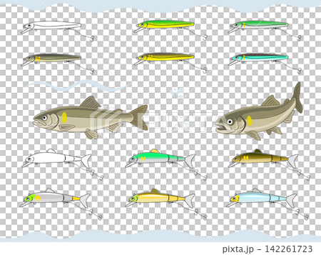 A set of ayu fishing lures and illustrations of ayu fish. A set of ayu fishing lures and illustrations of ayu fish. 142261723