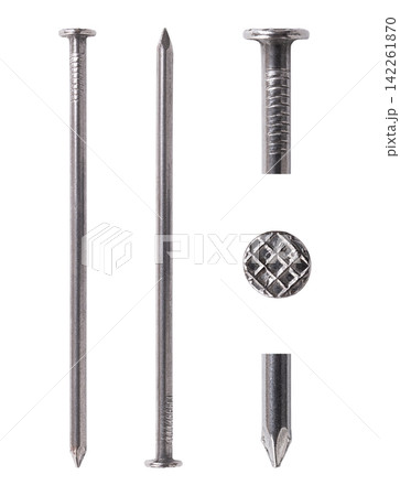 Flat head steel nails, 100 mm, wire nails made of uncoated polished steel. Whole nails and close-up details of flat circular head, textured shank, and sharp diamond point at the tip. Isolated. Photo 142261870