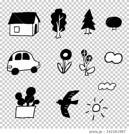 房子、汽車、樹、花、鳥、雲——線條畫 房子、汽車、樹、花、鳥、雲——線條畫 142261967