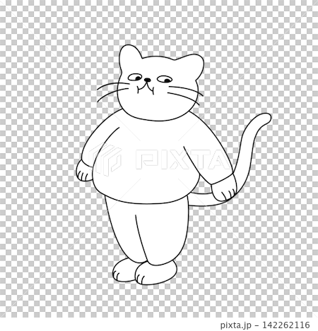 服を着て立つ太った白猫のモノクロキャラクター 服を着て立つ太った白猫のモノクロキャラクター 142262116