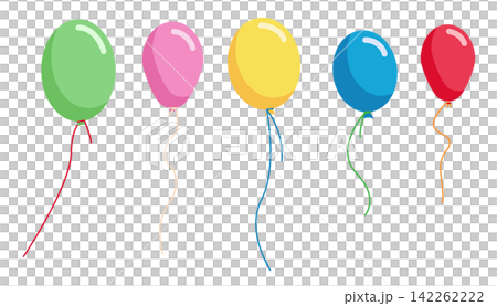 Set of colorful glossy party balloons with ribbons on transparent background. Birthday celebration, festival decoration and holiday events illustration Set of colorful glossy party balloons with ribbons on transparent background. Birthday celebration, festival decoration and holiday events illustration 142262222