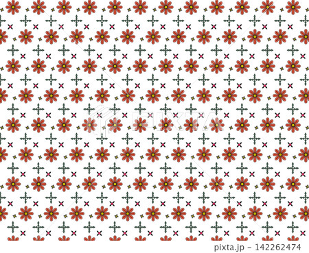 オレンジの八枚花弁を並べた花柄パターン 北欧風レトロなテイスト 142262474
