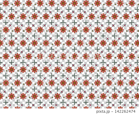 オレンジの八枚花弁を並べた花柄パターン 北欧風レトロなテイスト 142262474