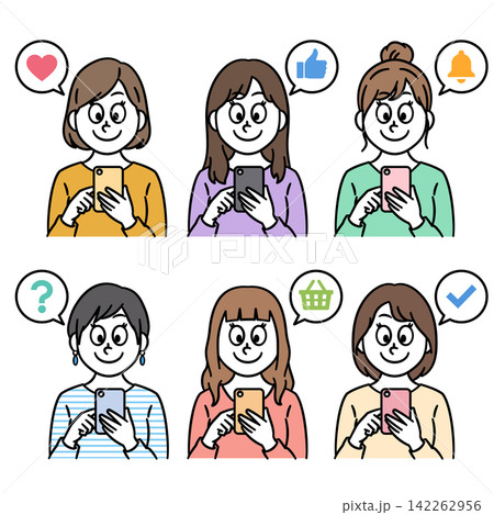 スマホを使う女性のイラスト素材 142262956