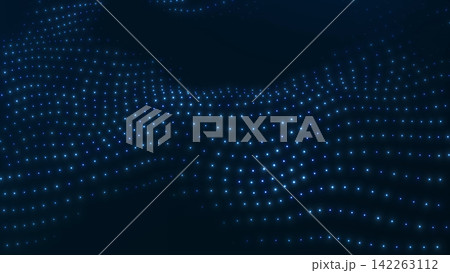 Abstract blue digital dot wave on dark background, glowing particle flow illustration with futuristic depth and smooth data motion feel. 142263112