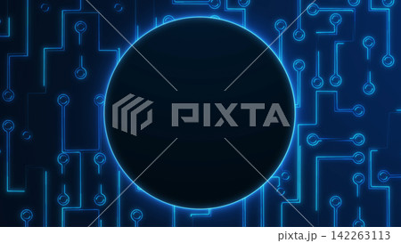 Blue circuit board circle frame on dark background, clean futuristic technology illustration with central copy space and glowing lines. Blue circuit board circle frame on dark background, clean futuristic technology illustration with central copy space and glowing lines. 142263113