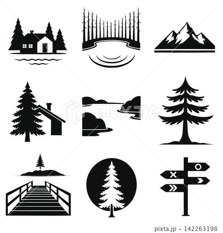 The image shows a grid of nine minimalist black-and-white vector icons depicting themes of outdoor recreation, camping, and landscapes The image shows a grid of nine minimalist black-and-white vector icons depicting themes of outdoor recreation, camping, and landscapes 142263198