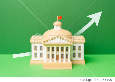 Government building and growth arrow. Government ratings. Sovereignty and independence. The economic and geopolitical power of the state. Government building and growth arrow. Government ratings. Sovereignty and independence. The economic and geopolitical power of the state. 142263490