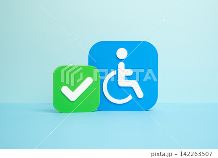 Disability symbol and approval mark. Successful inspection and confirmation of full infrastructure readiness. Status verification supports social assistance and accessibility rights. Disability symbol and approval mark. Successful inspection and confirmation of full infrastructure readiness. Status verification supports social assistance and accessibility rights. 142263507
